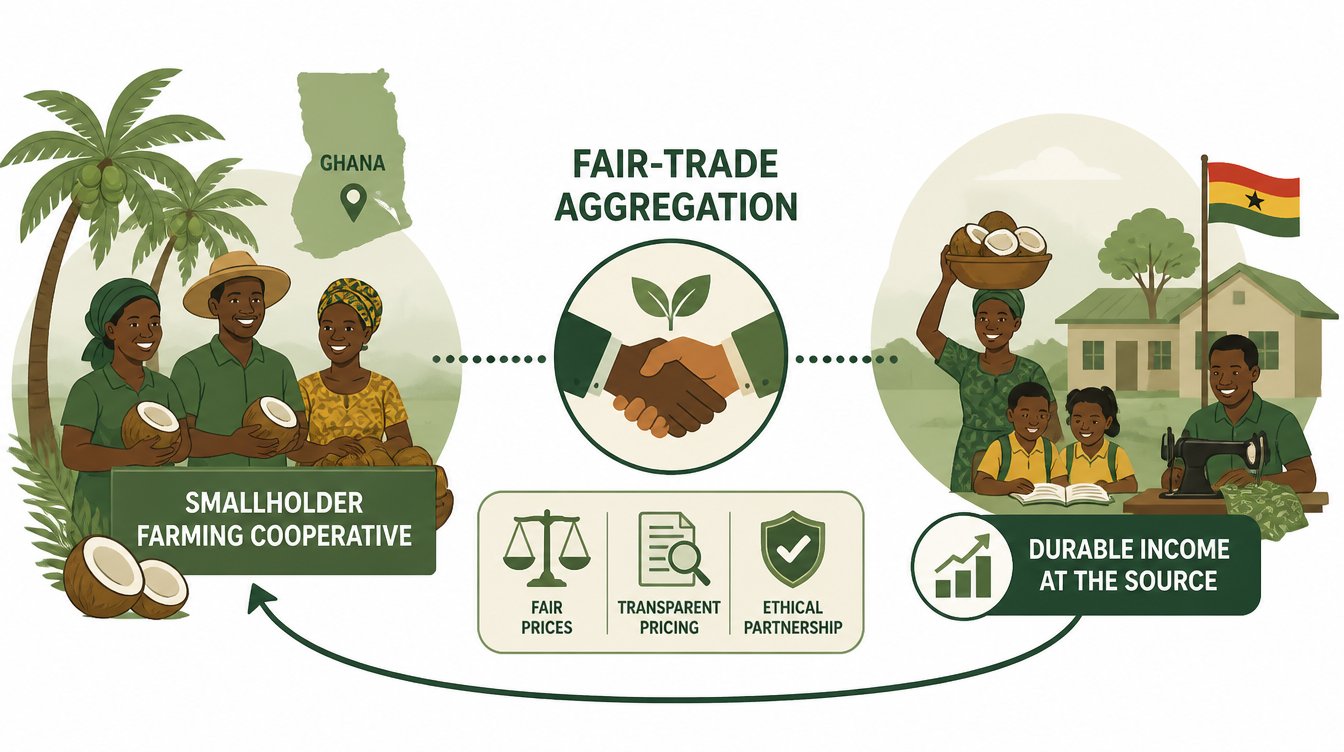 Illustration: smallholder farming cooperative with farmers and Ghana map representing fair-trade aggregation