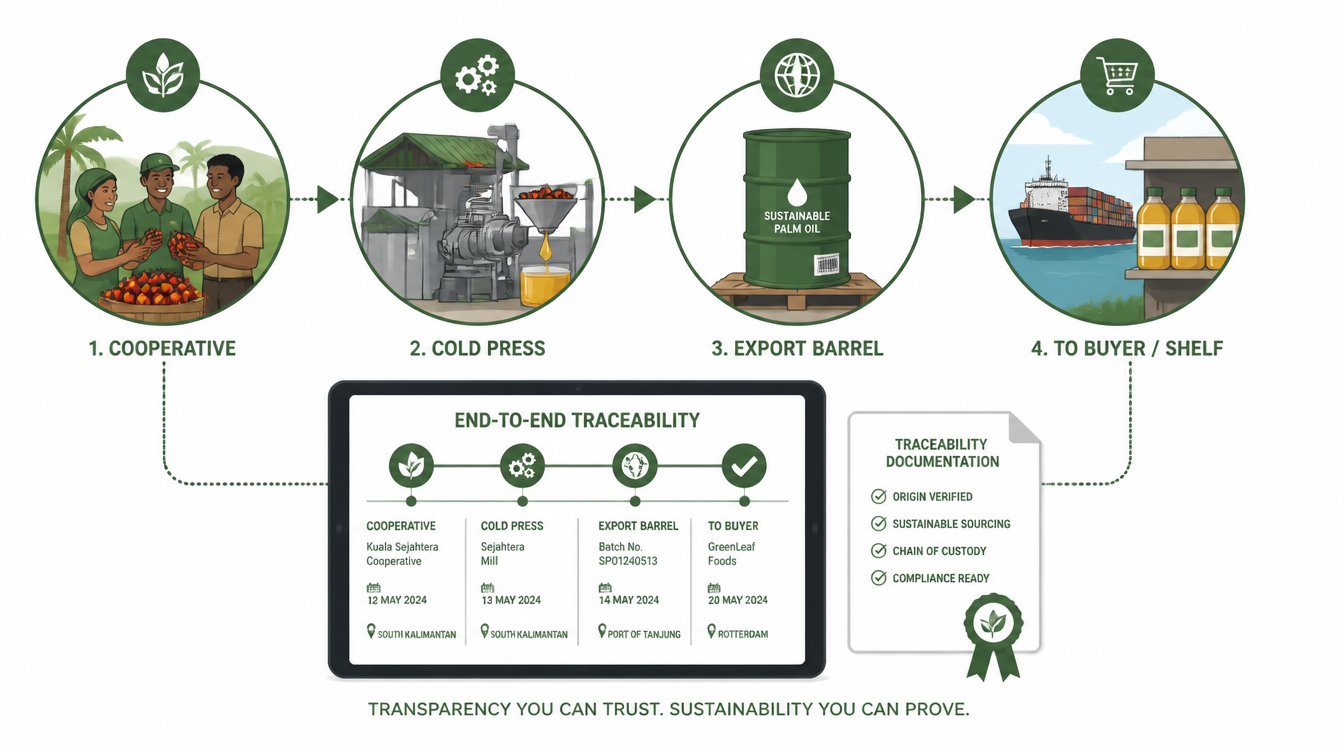 Illustration: end-to-end traceability dashboard tracking the journey from cooperative to cold press to export barrel to buyer