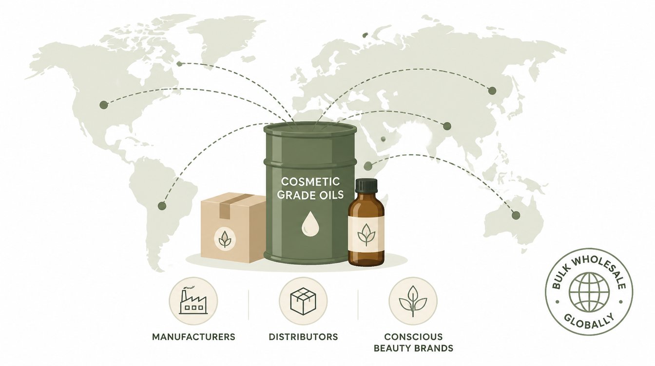 Illustration: cosmetic-grade oil barrel and finished bottles shipped to manufacturers, distributors, and beauty brands worldwide