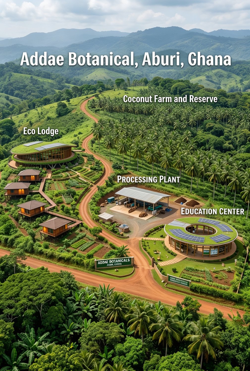 Aerial rendering of the Addae Botanicals campus in Aburi, Ghana.