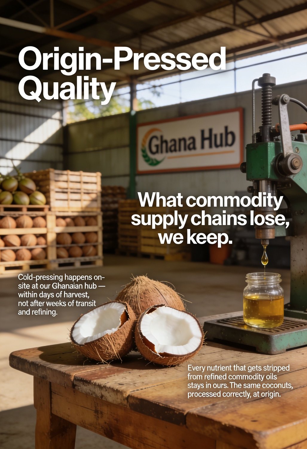 Origin-pressed quality: coconuts and a cold-press at the Ghana hub.