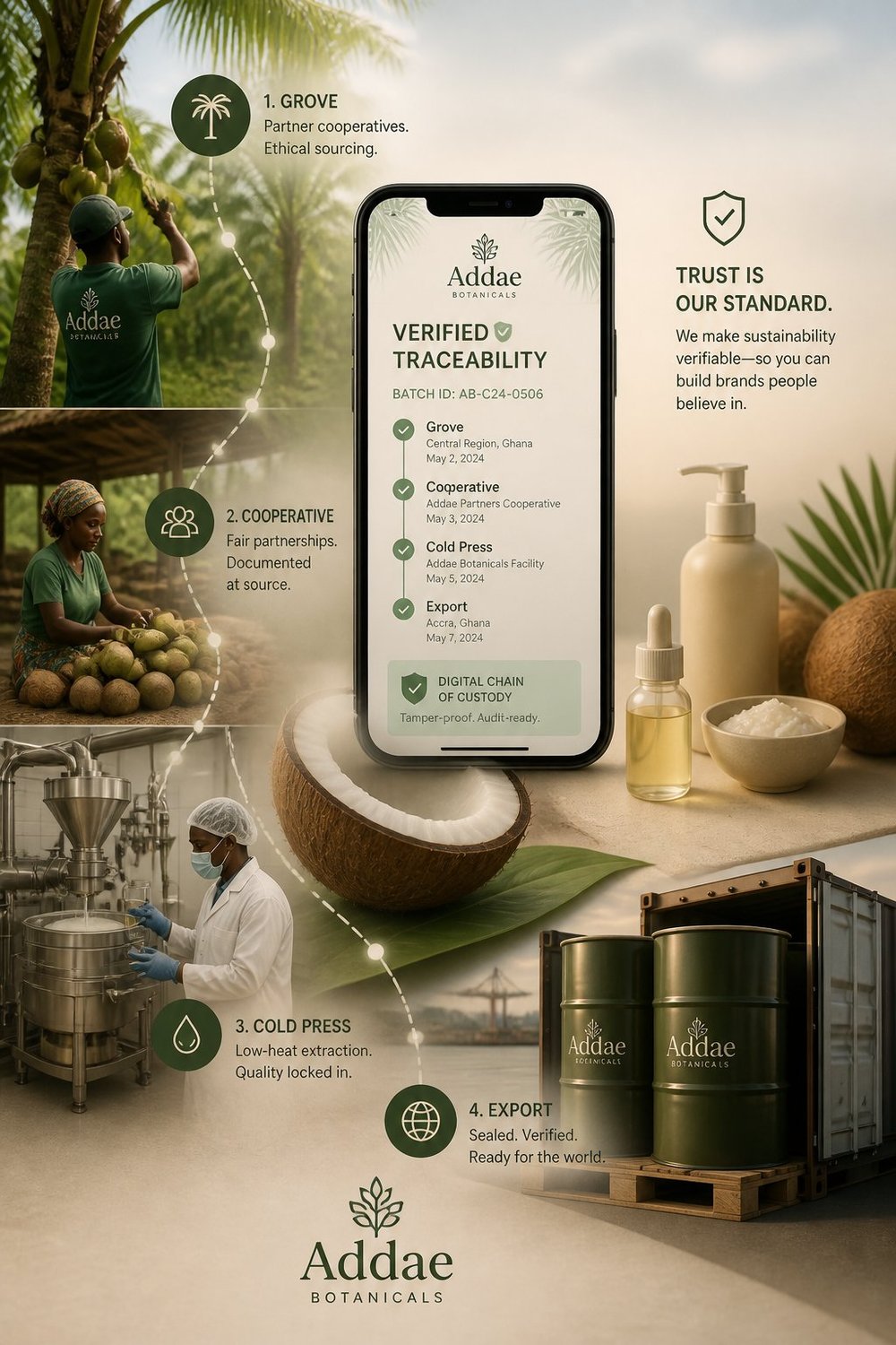 Verified traceability: the journey from grove to cooperative to cold press to export.